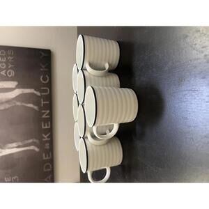 Crate & Barrel (8) White Ribbed Blue Trim Porcelain‎ Mug